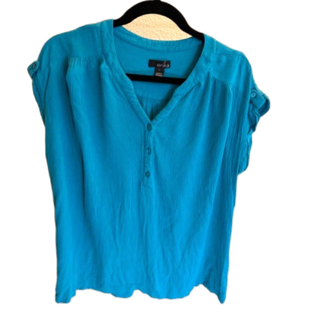 Erika Blouse Size L Teal Blue Lightweight Button Front Casual Top